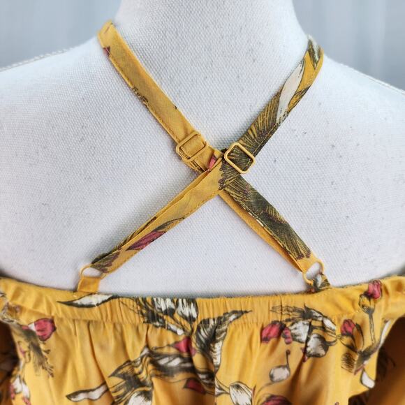 Express Women’s XS Yellow Floral Ruffle Sleeve Halter Cold Shoulder Crop Top Boh - Picture 9 of 13